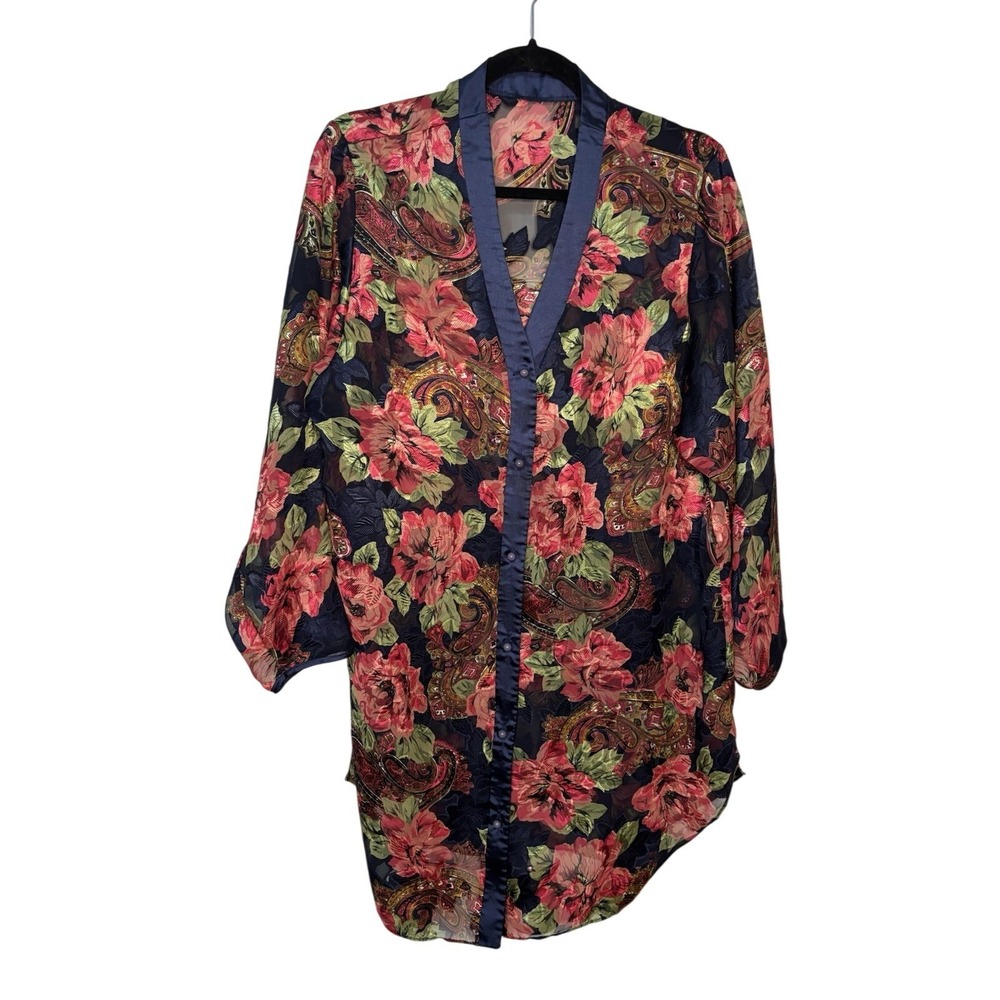 Vintage Lov'Lee Sheer Navy Floral Night‎ Shirt Womens M 90s Lingerie Nightgown